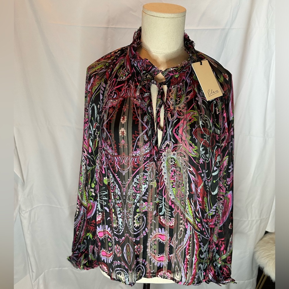 Elan pink & black multi color chiffon blouse size M